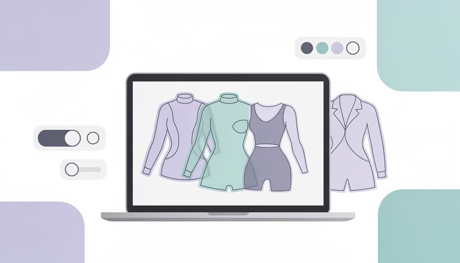 Conceptual scene of a glowing clothing rack and a woman customizing garments with a stylus-like device in a futuristic showroom