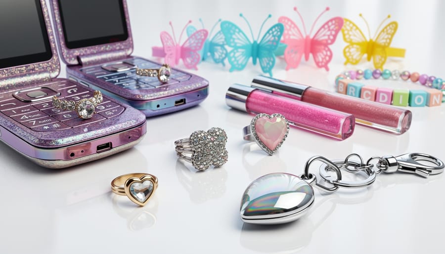 Close-up of Y2K accessories like butterfly clips, tiny sunglasses, a glitter flip phone, and a baguette-style bag on a reflective surface