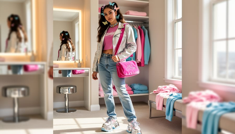 Person posing in a shiny PVC jacket and cropped baby tee with butterfly hair clips, chunky platform shoes, and a velour bag in a pastel bedroom closet setup.
