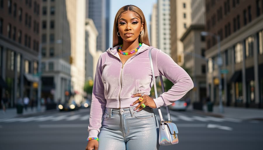Young woman wearing a pink velour tracksuit with metallic denim and Y2K-style accessories in a glossy urban corridor