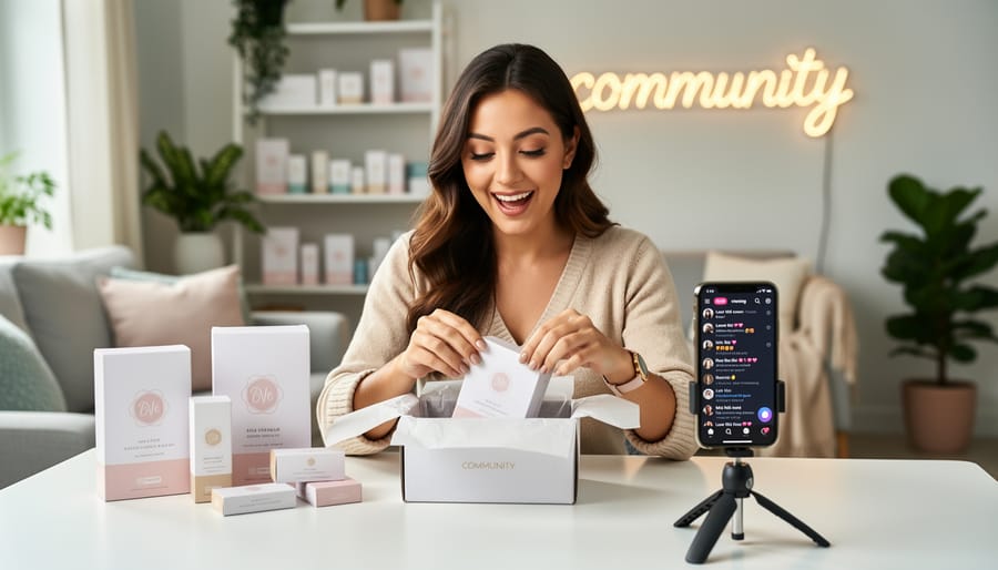 An influencer unboxing skincare products while another person records with a handheld gimbal camera.