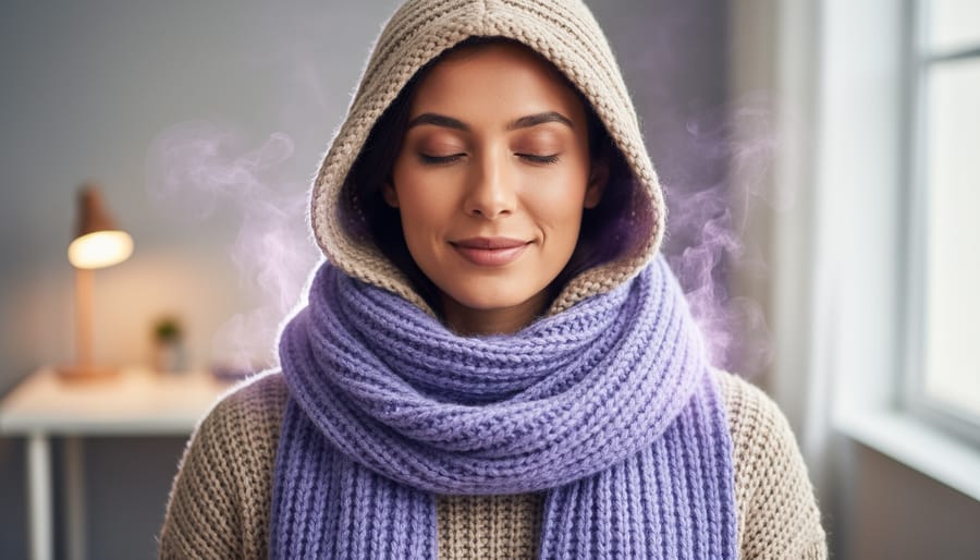 Person wearing a cozy hoodie and scarf with soft lavender-scent wisps rising from the fabric, conveying calming aromatherapy stress relief.