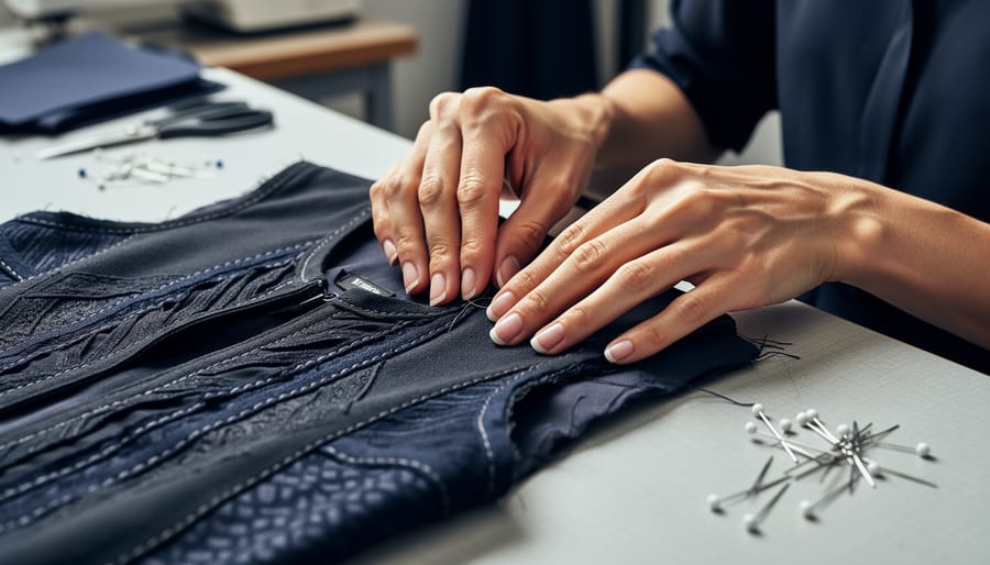 Close-up of a fashion artist’s hands draping and stitching a hand-dyed linen garment with visible embroidery and fabric texture.