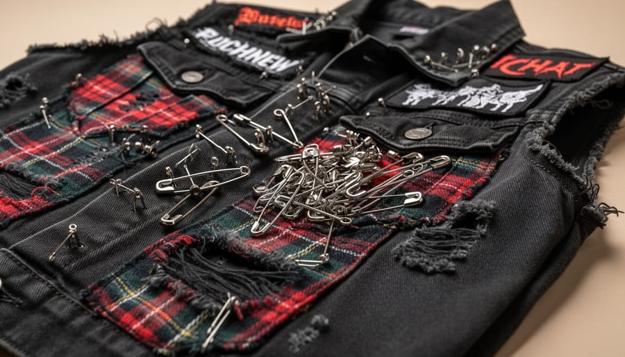 Close-up of hands attaching safety pins to a torn leather jacket and distressed denim