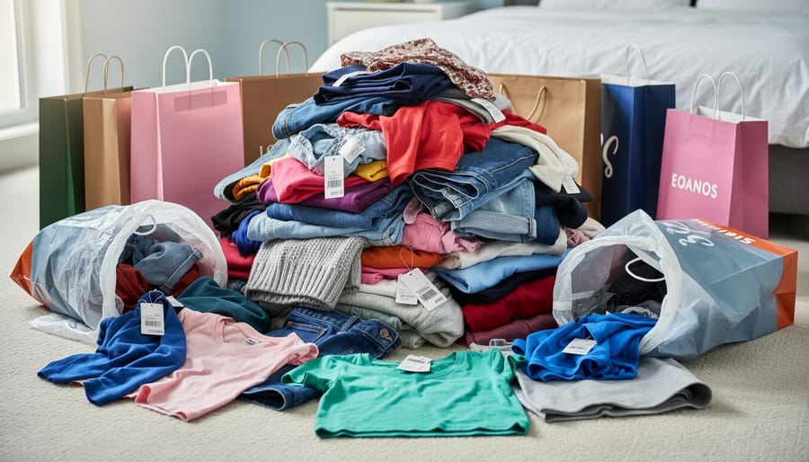 Clothing rack and shopping bags in a small room with a phone resting on folded garments