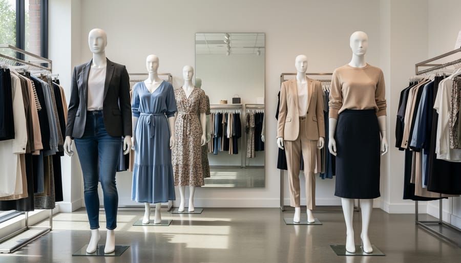 Clothing rack in a boutique with mannequins representing a wide range of sizes