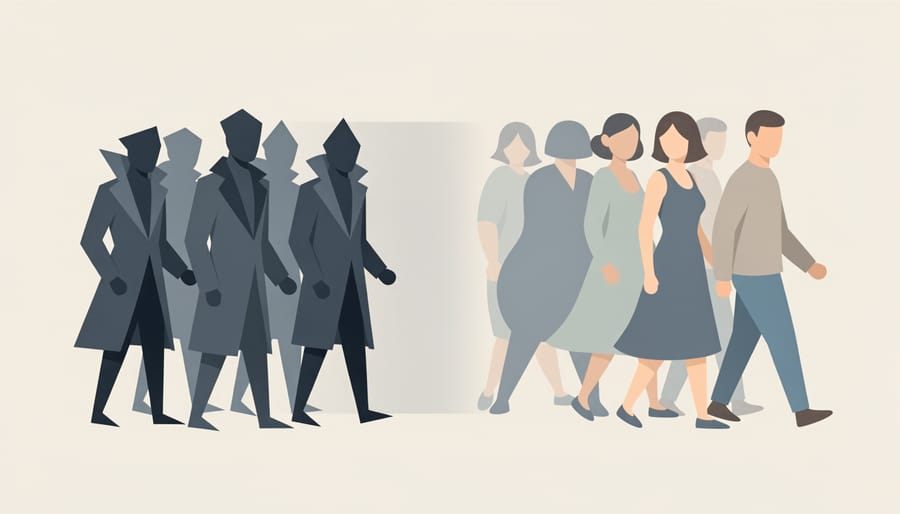 Conceptual scene of two overlapping clothing silhouettes on a dusk street representing comfort versus formality