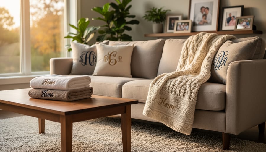 Cream sofa styled with a personalized throw blanket and monogrammed pillow in a cozy living room.