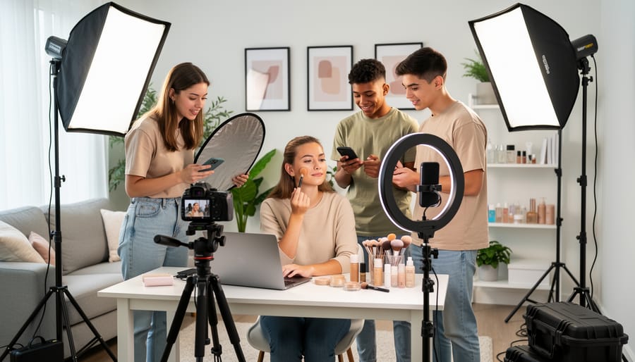 Diverse Gen Z beauty creators filming a makeup tutorial with a smartphone and ring light at a vanity.