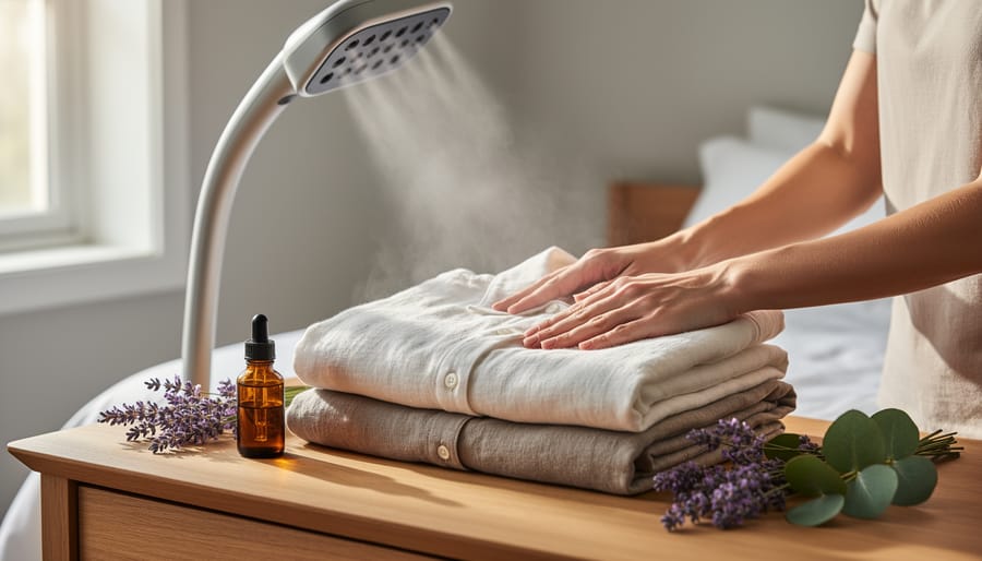 Essential oil refresh spray and aromatherapy loungewear neatly arranged on a linen bedspread