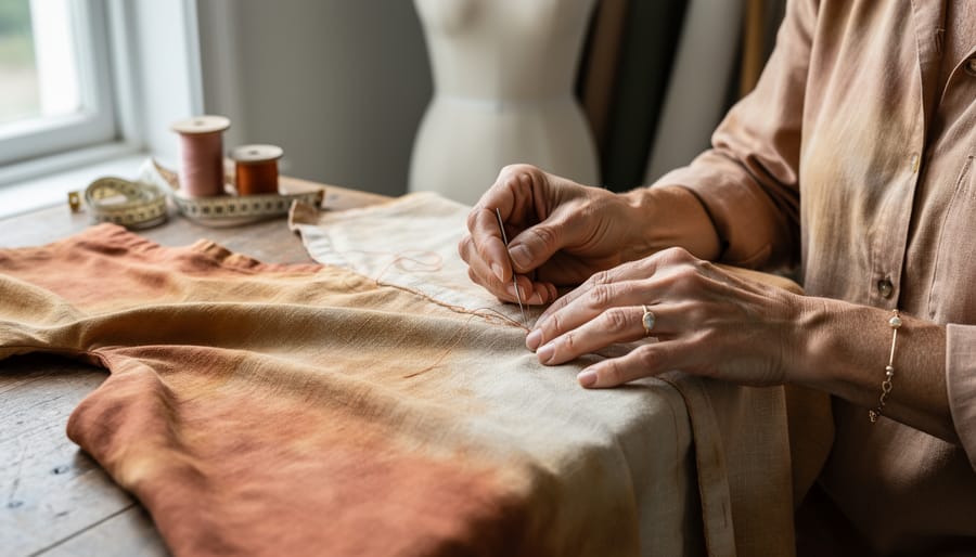 Close-up of a fashion artist’s hands pinning and stitching a hand-dyed linen garment on a worktable, showing detailed fabric texture and craftsmanship.