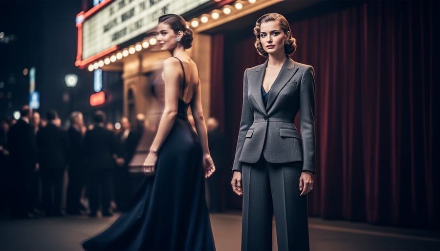 Editorial-style photo of a model in tailored high-waisted trousers by a vintage theater entrance, with a second gala-era figure blended in motion blur to suggest iconic fashion moments across time.