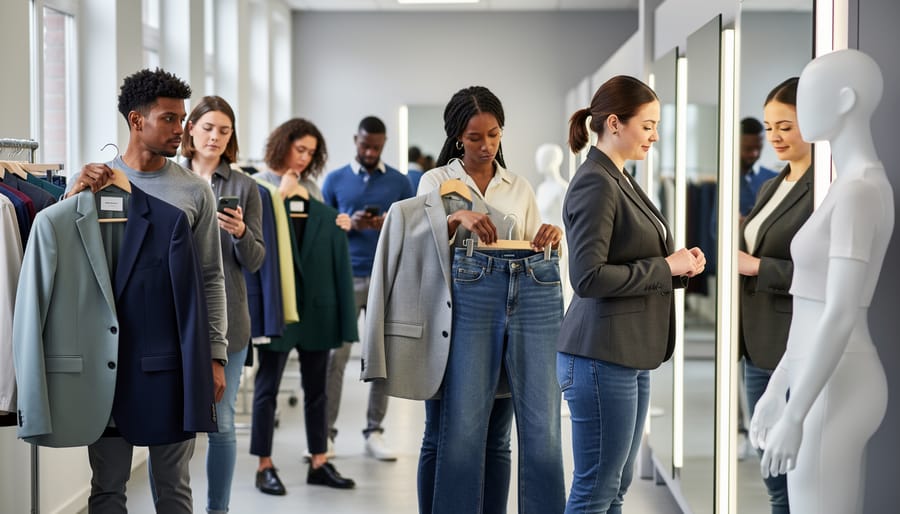 Diverse shoppers trying on and holding tailored jackets and jeans in a bright fitting-room corridor, representing inclusive sizing and better fit for different body types.