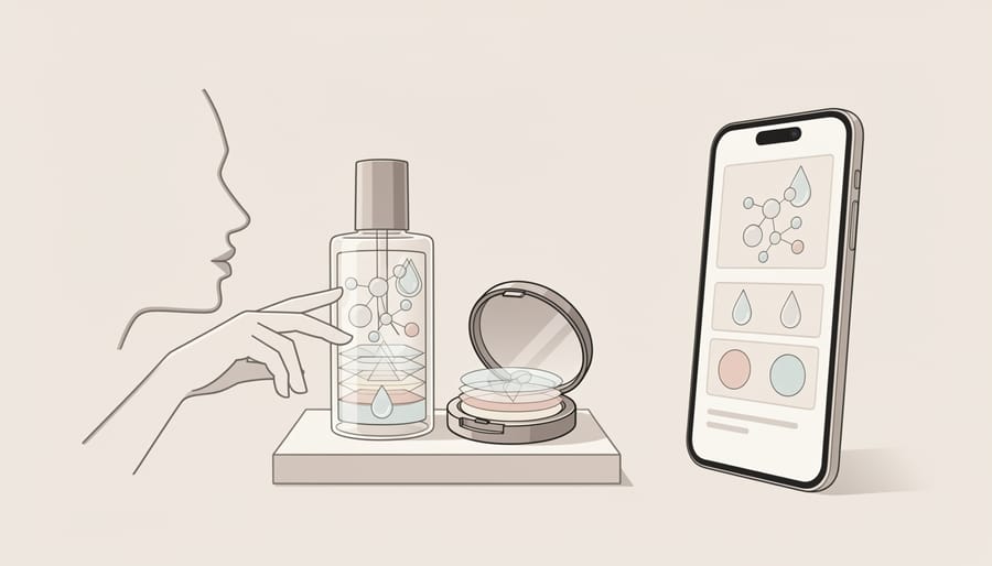 Makeup products arranged around a smartphone on a vanity desk suggesting transparency-focused beauty content.