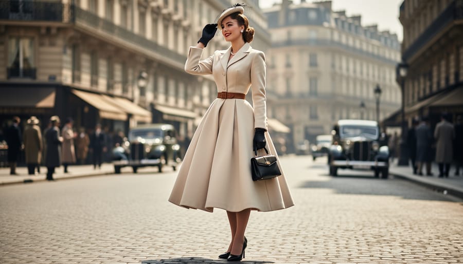 Model wearing a structured 1940s New Look-style dress with soft studio lighting and blurred corridor background