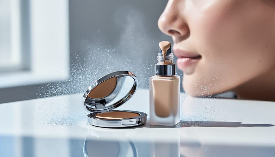 Luxury makeup compact and foundation bottle on a clean vanity with a subtle shimmering silver-blue particle-like mist moving toward a softly lit close-up of cheek skin texture.