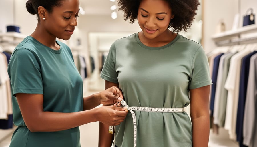 Person using a tailor tape measure to check garment fit at a wooden table