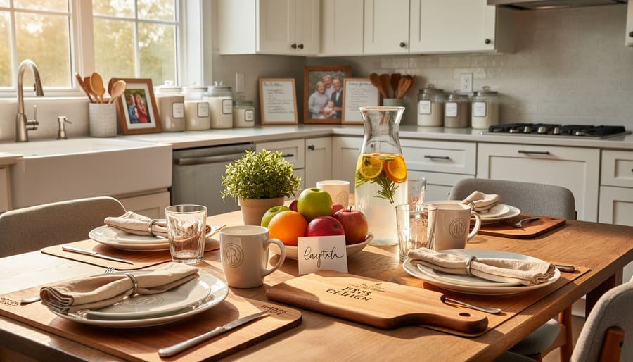 Personalized charcuterie and kitchen items arranged on a dining table with warm sunlight.