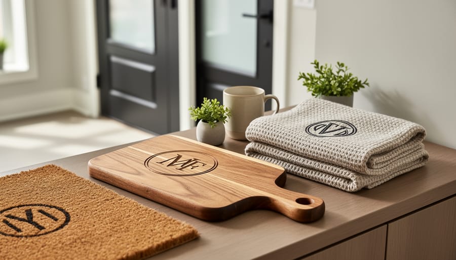 Personalized housewarming gift items—an engraved wooden cutting/charcuterie board, a monogram-style doormat, and a monogrammed throw blanket—styled in a bright entryway setting.