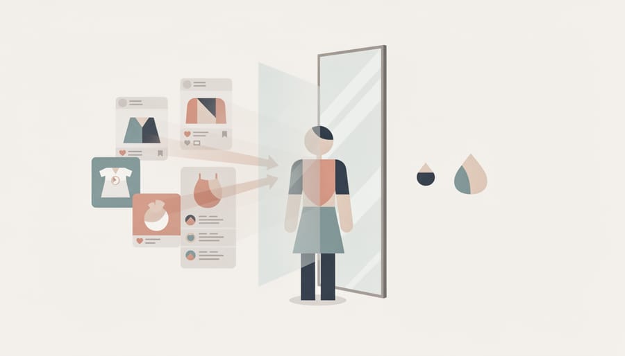Smartphone partially covered by fabric in front of a mirror reflecting a fashion mannequin