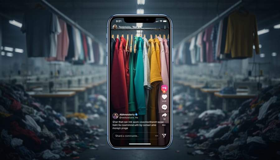 A smartphone casting a social-media glow over rapidly changing clothes, with a blurred factory and landfill textures fading in the background to suggest fast fashion’s impact.