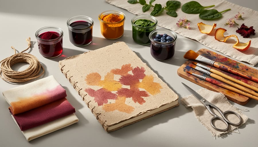 Top-down view of sustainable fashion materials including botanical dye pigments and a finished embroidered garment hem on an atelier table.