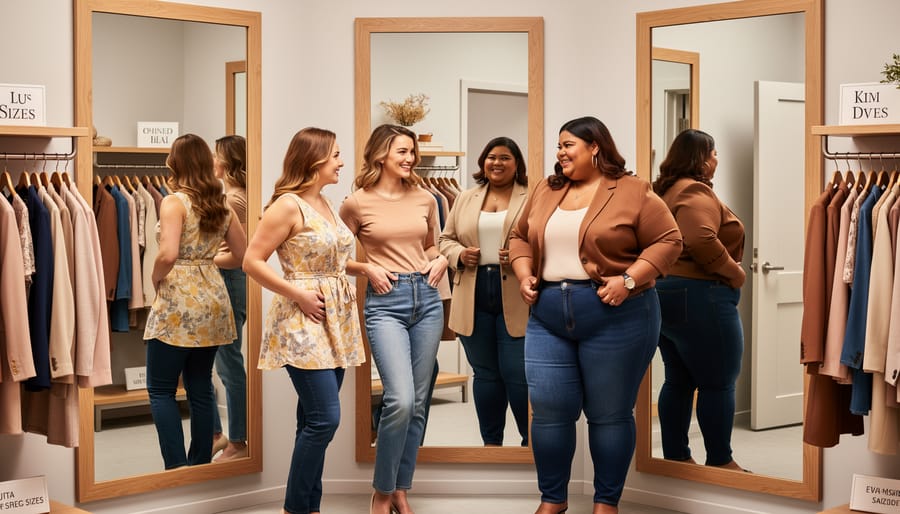 Two women of different body sizes trying on inclusive clothing in a bright fitting room