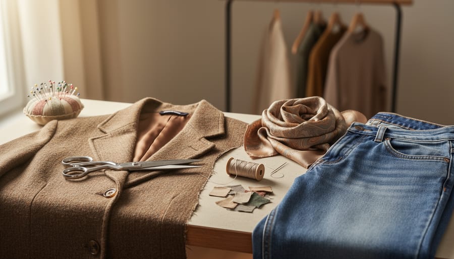 Close-up tabletop scene with a partially cropped vintage blazer, silk scarf, denim jeans, and visible sewing tools suggesting vintage upcycling.
