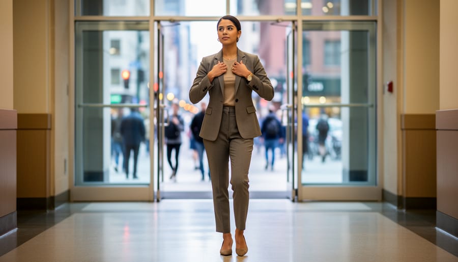 Woman adjusting her blazer sleeve in a bright hallway before going out