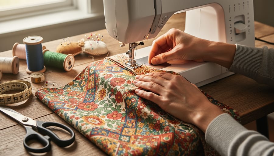 Woman’s hands cutting fabric on a sewing table while upcycling a denim jacket.