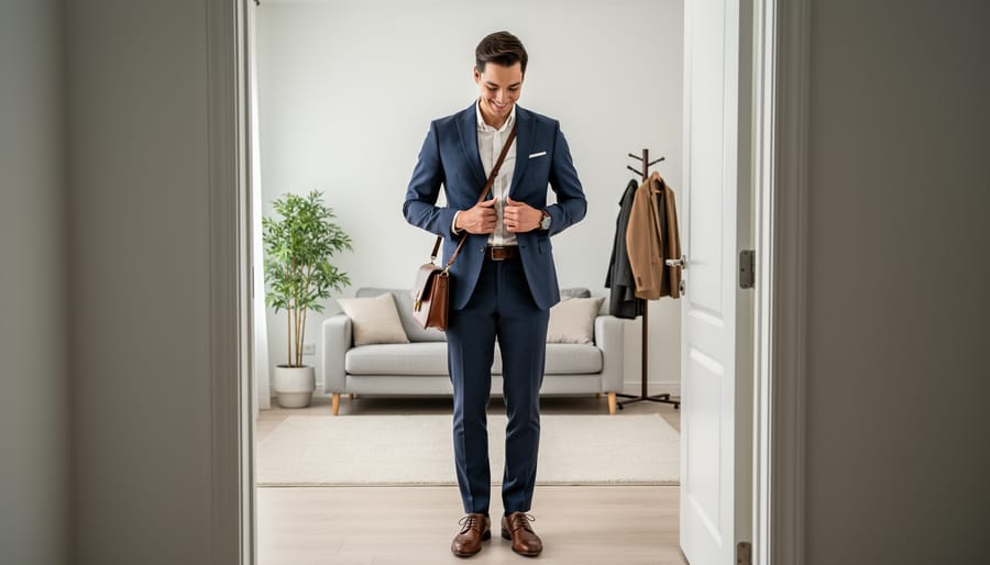 Woman seated in an office lobby looking composed while holding her handbag
