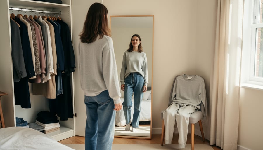 Woman standing before a mirror holding a cardigan in a quiet bedroom