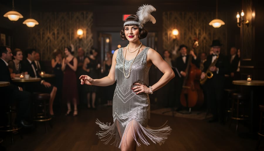 Woman wearing a beaded 1920s flapper dress with a softly blurred ballroom background