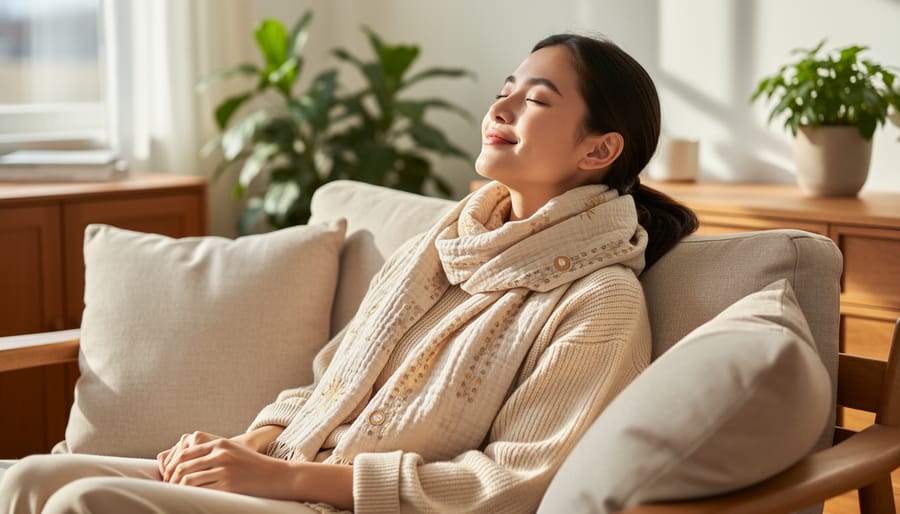 Woman wearing a lavender aromatherapy scarf seated at a home desk with a warm drink
