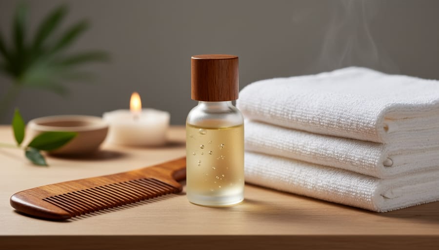 Close-up of warm aromatic oil, a ceramic comb, and steaming towels on a spa tray.