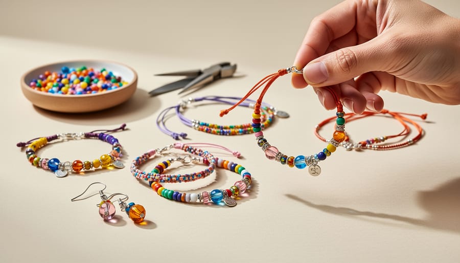 Handmade beaded phone strap and bag charm on a craft table in natural light