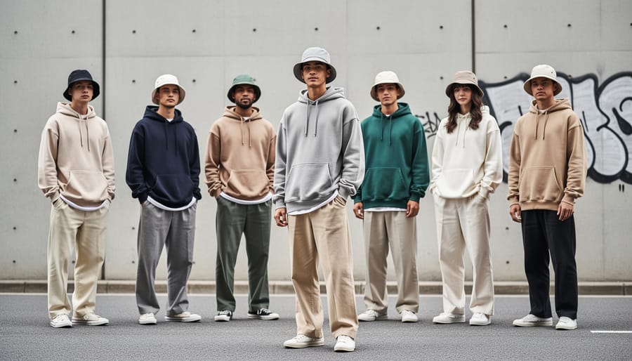 Bucket hat and embroidered cap worn in a streetwear outfit outdoors