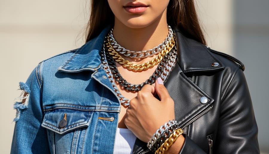 Mixed gold and silver chunky chain jewelry styled on a denim jacket and leather belt