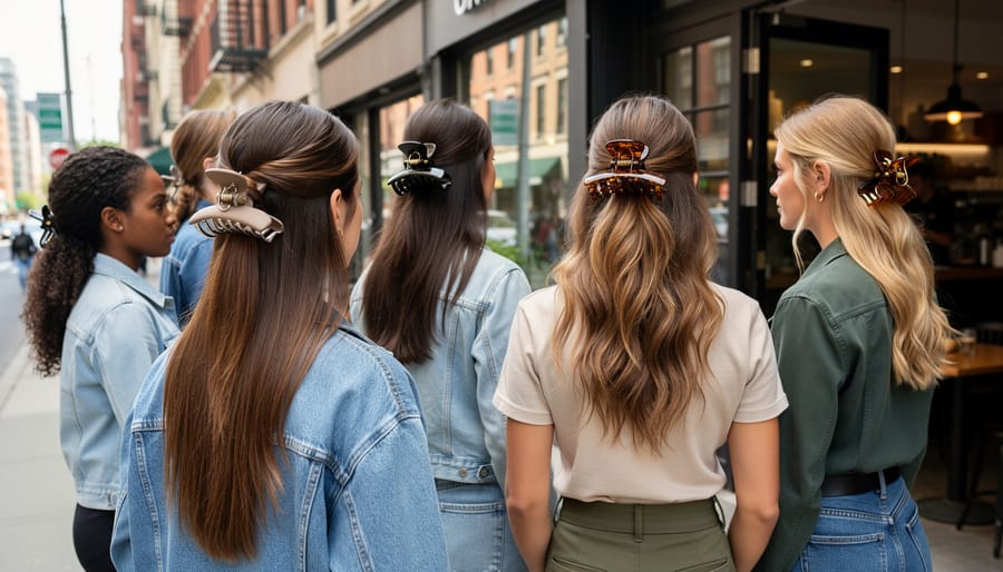 Claw clips in different colors holding back hair in a close portrait