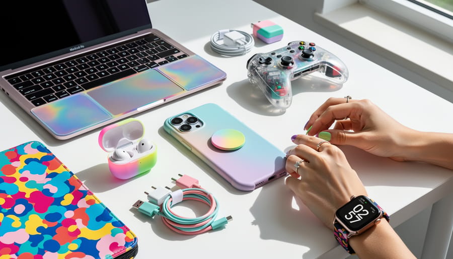 Bright colorful phone, AirPods, smartwatch band, and laptop sleeve accessories on a desk