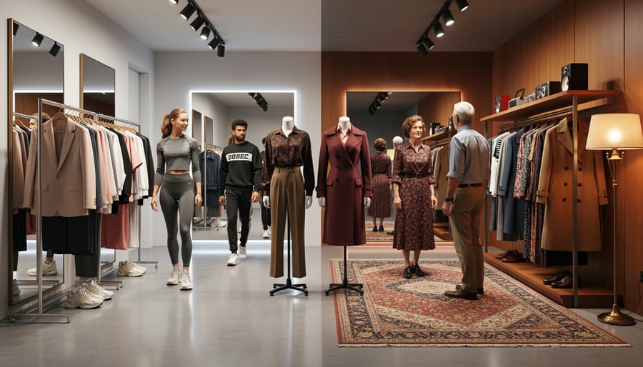 Clothing rack showing contemporary bright garments next to vintage pieces in a boutique setting.