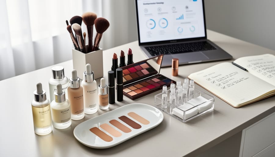 Woman’s vanity drawer with neatly arranged skincare products and a notebook beside a compact mirror