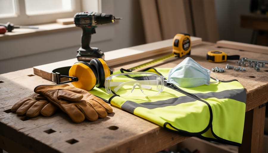 Safety gear and sanding tools arranged on a workbench for furniture upcycling