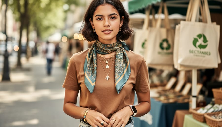 Gen-Z model wearing a vintage silk scarf, delicate handmade charm jewelry, a minimalist tech watch, and platform shoes in a softly blurred street market background.