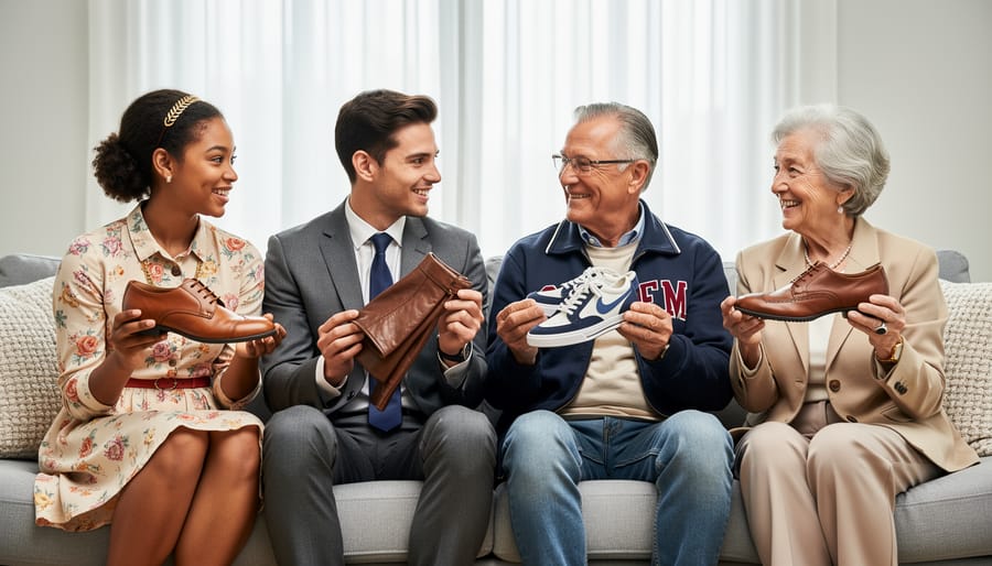 Three women of different ages at a table holding a vintage scarf, a modern blazer, and a streetwear hoodie while talking.