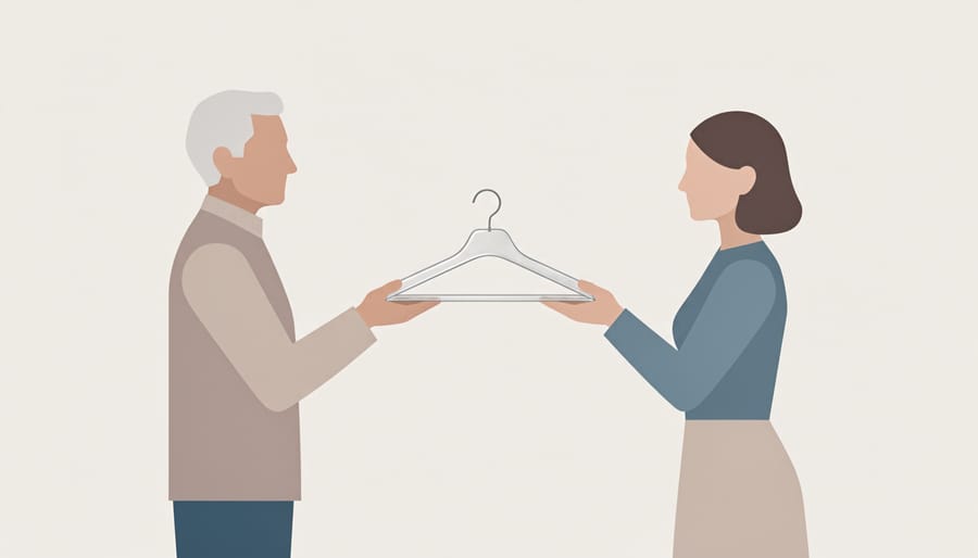 Close-up of two hands passing a clothing hanger, symbolizing bridging styles across generations.