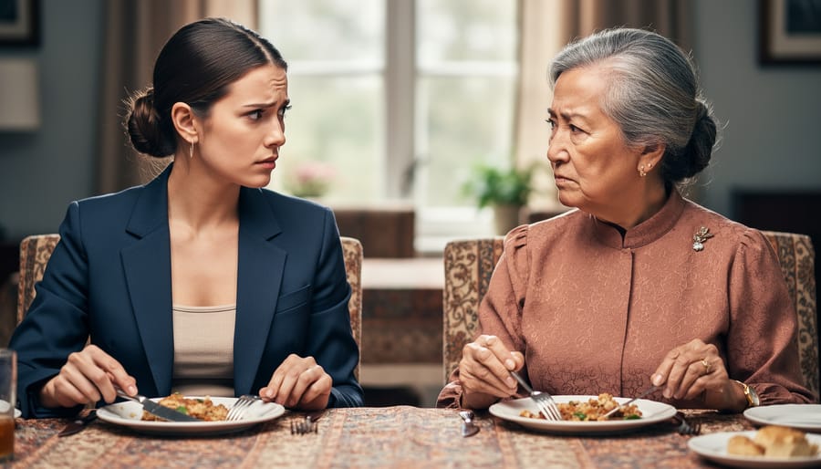 A young woman and an older relative at a family dinner table, wearing contrasting modern and classic outfits as they share a tense moment about clothing choices.