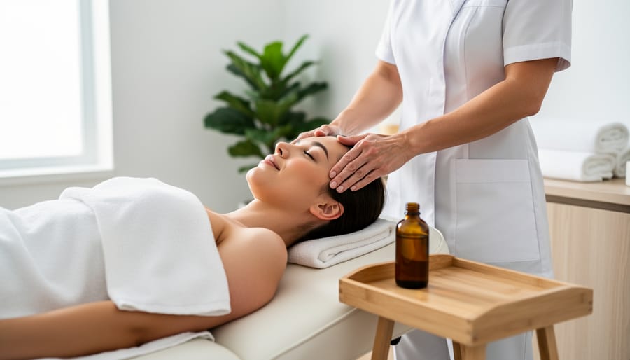 Therapist’s hands massaging a relaxed client’s scalp with oil in a Japanese-style head spa room.