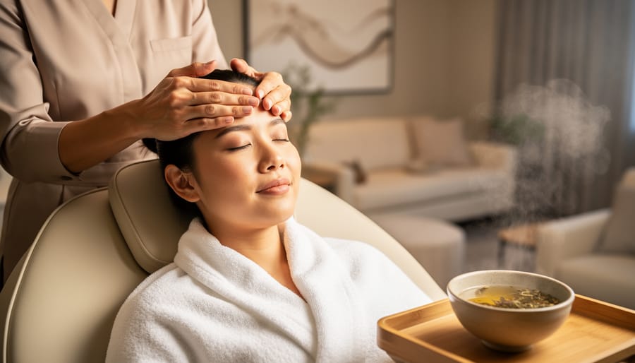 Therapist performing a Japanese head spa scalp massage with warm oil while the client relaxes in a calm spa room.