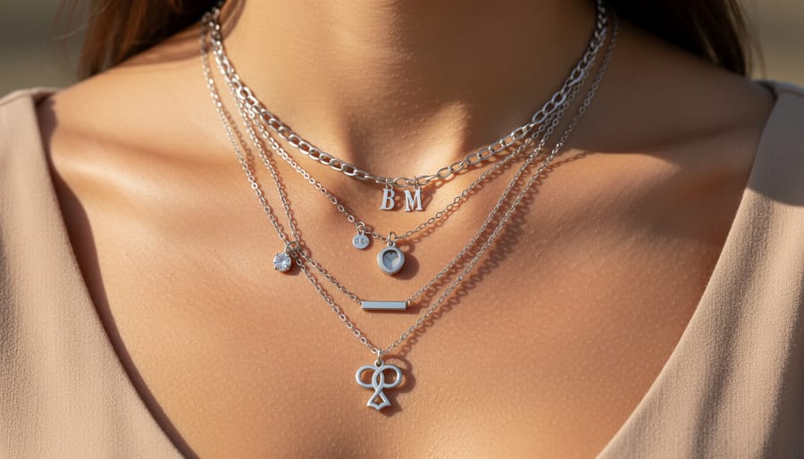 Layered necklaces with multiple pendants styled on a knit sweater